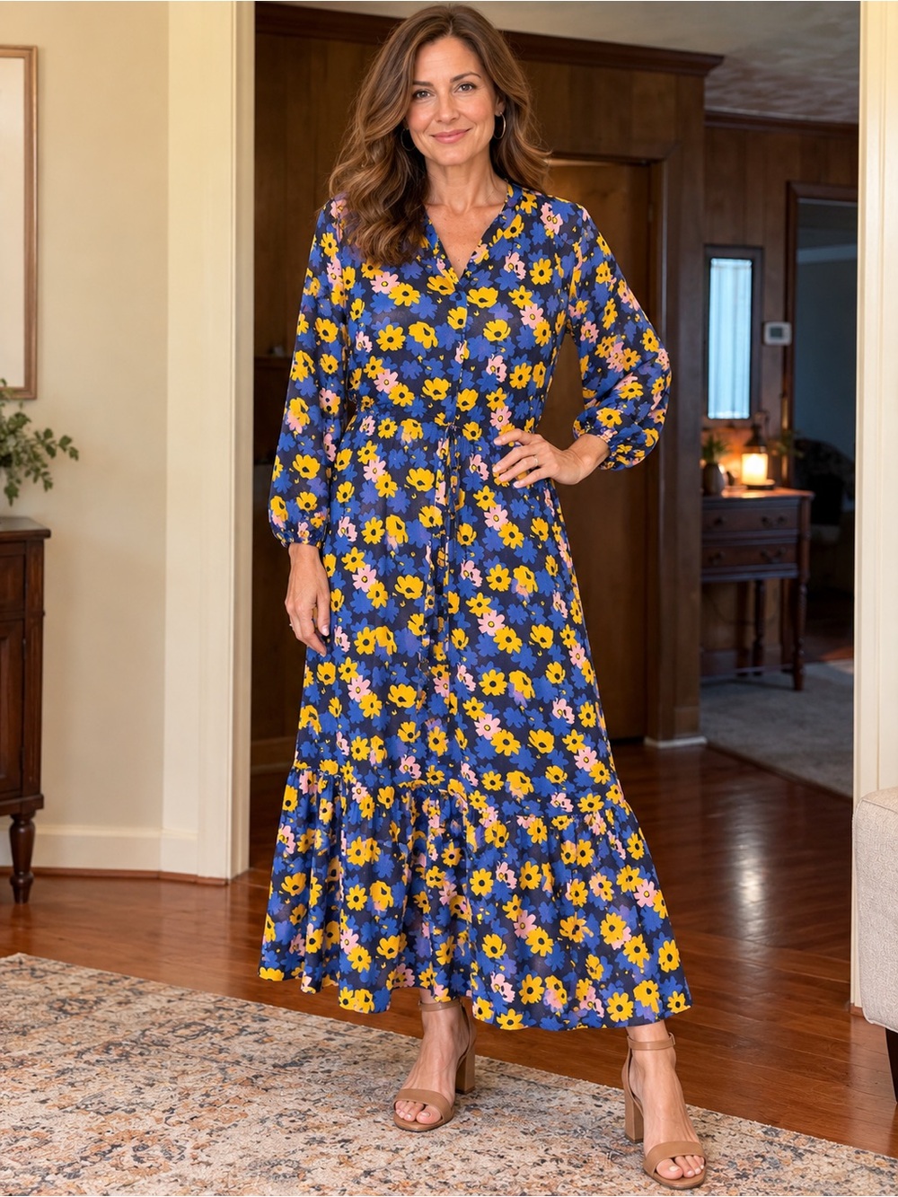 Women's Blue Floral V-Neck Maxi Dress with Yellow Print